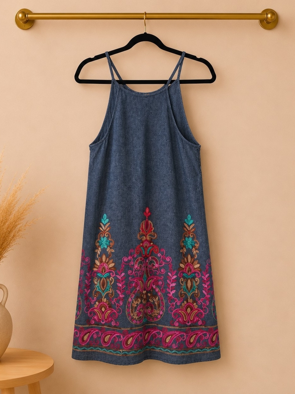 Entro Indigo Mini Dress with Pink, Teal & Gold Embroidery